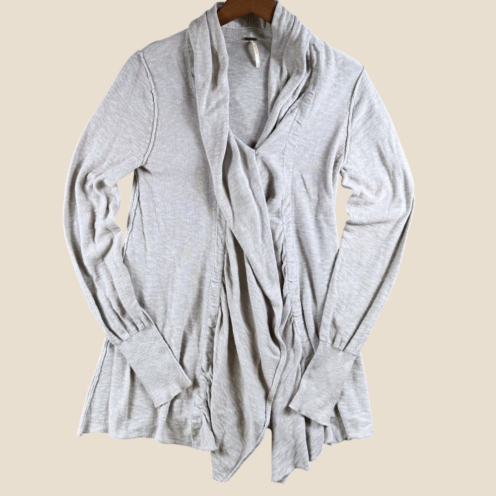 Free People Cardigan Women M Tan Open Front Drape Knit Boho Lagenlook Neutral